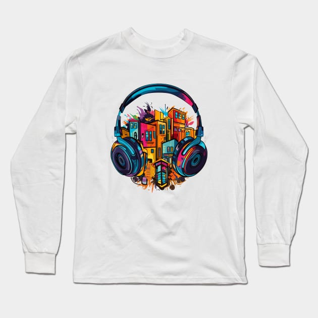 Headphone Music Non Stop Fun Urbain City Life Long Sleeve T-Shirt by Cubebox